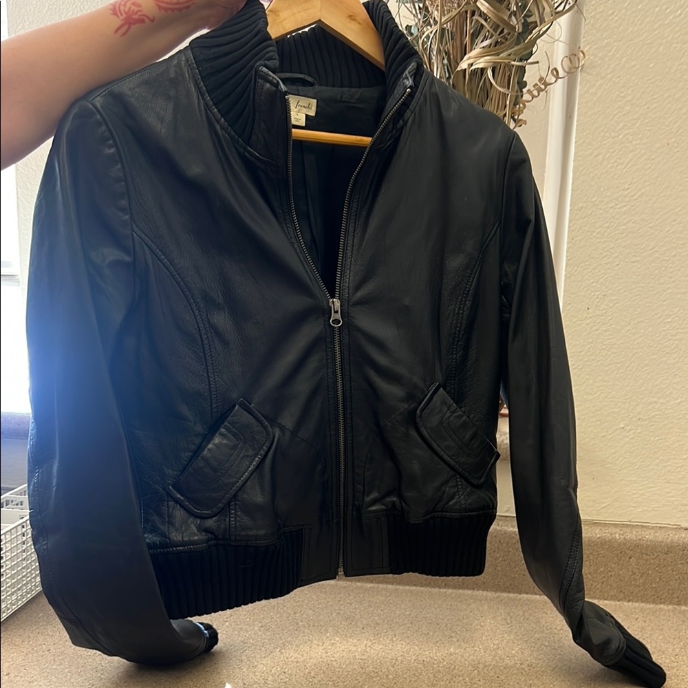 Frenchi Black Leather Jacket with Ribbed Details